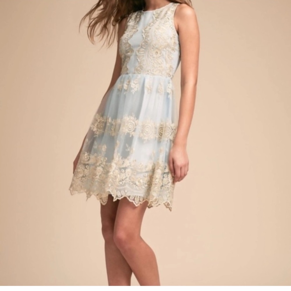 BHLDN Light Blue and Gold Lace Prom Dress